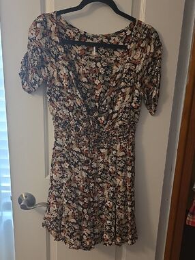Free People Black Floral V-Neck Smocked Mini Dress with Cream and Rust Accents
